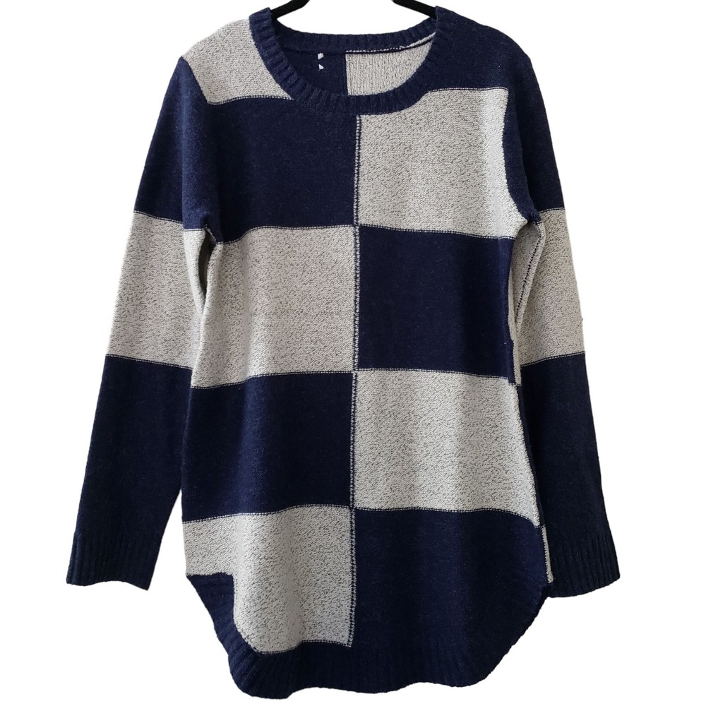 NorthStyle Long Sleeve Colorblock Crew Neck Sweater Tunic, Navy Blue & Gray, M
